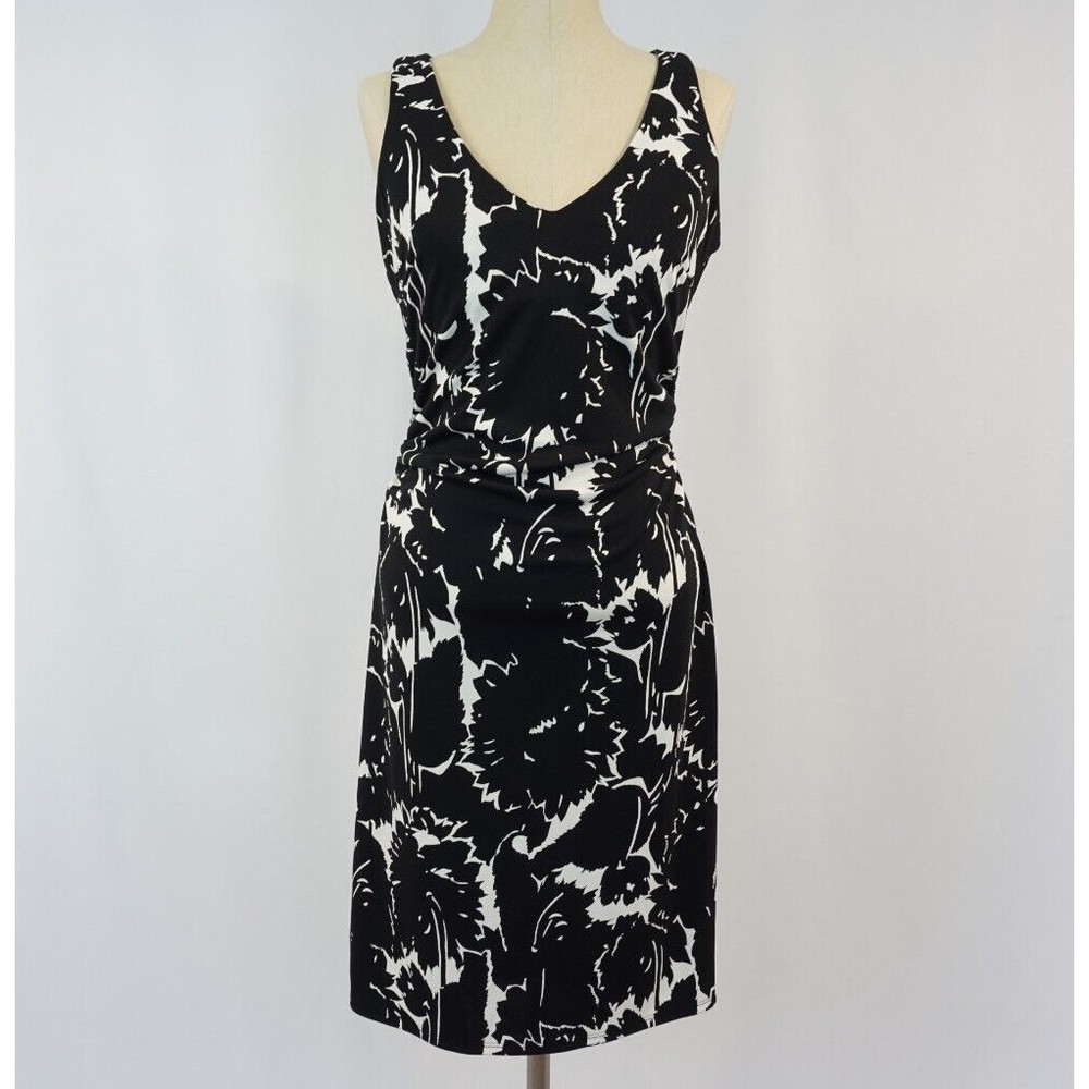Express Women's Bodycon Ruched Dress Size 12 Black white Vneck Open Back Stretch